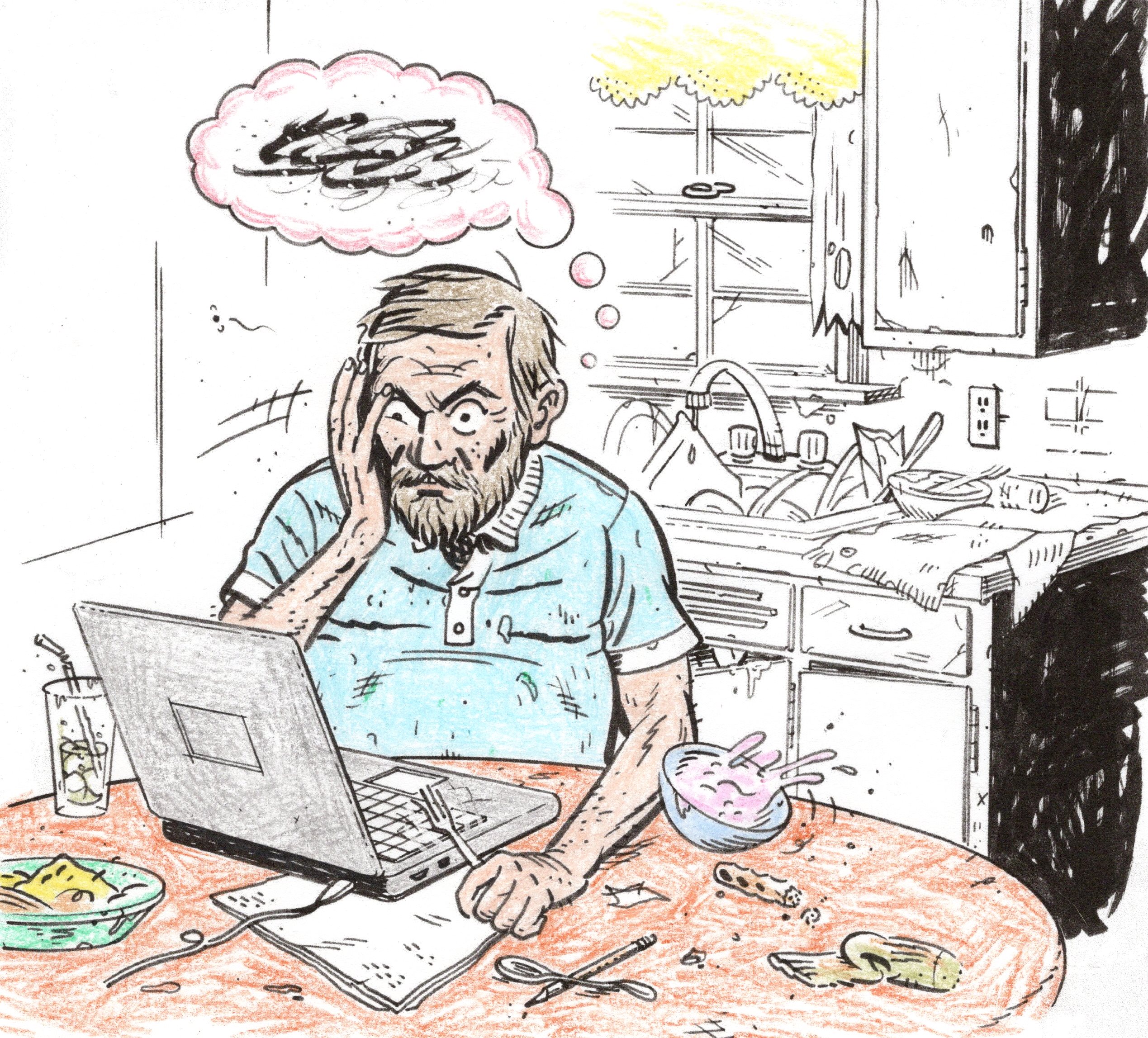 Me, looking grumpy, reading the news