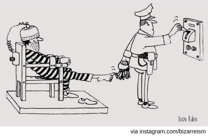 Prisoner about to be electrocuted stretches his toes to touch keys dangling from warden's belt.